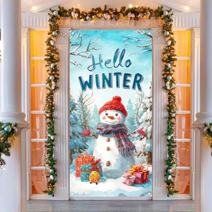 Christmas Snowman Door Cover 35x71 Inch Seasonal Wall Banner