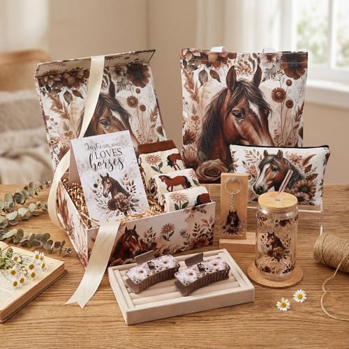 Boho Horse Lover Gift Set with Mug Socks Keychain and Tote Bag for Women