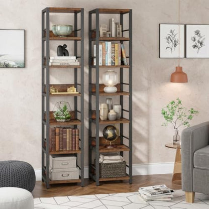 75-Inch Tall Corner Shelf with 6 Shelves Rustic Brown Narrow Bookcase