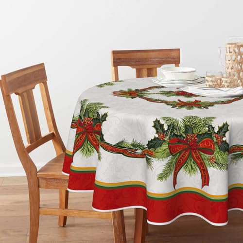 Christmas Tablecloth 70x70 Inch Round Poinsettia Gold Ribbon Red Variation