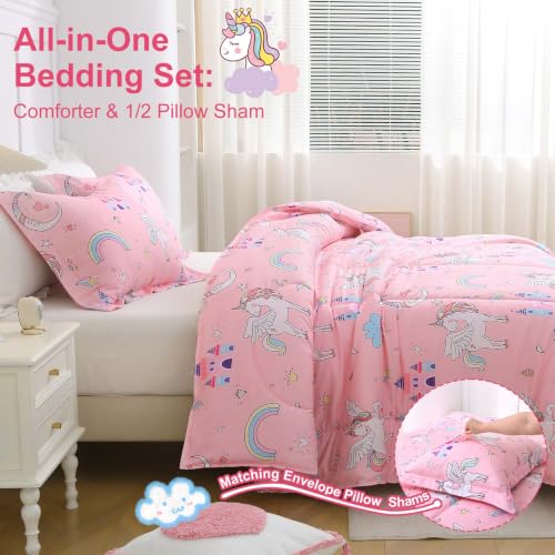 Pink Unicorn Kids Twin Comforter Set - Microfiber Bedding for Girls