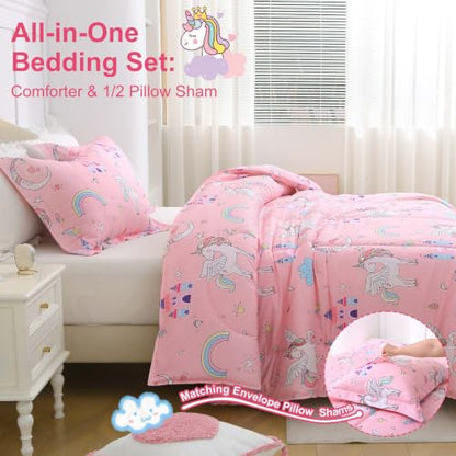 Pink Unicorn Kids Twin Comforter Set - Microfiber Bedding for Girls