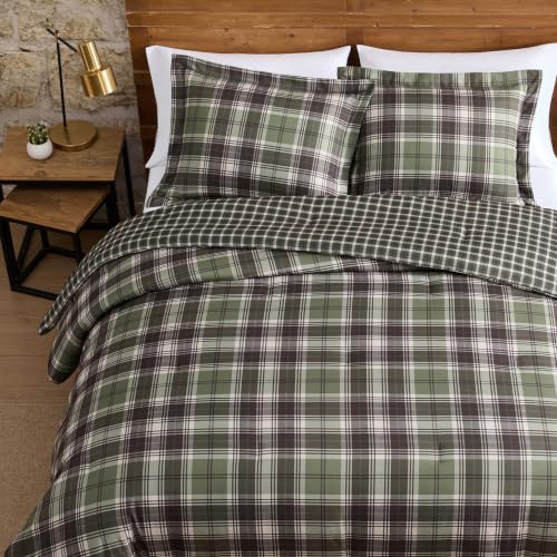 Queen Comforter Set with Shams Reversible Plaid Bedding Lakeshore Green