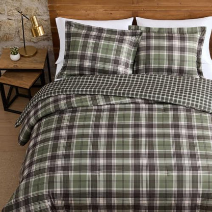 Queen Comforter Set with Shams Reversible Plaid Bedding Lakeshore Green