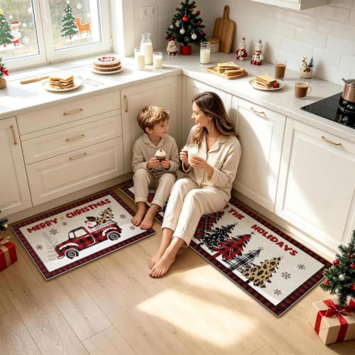 Christmas Truck and Tree Kitchen Mat Set - Red Truck Variation