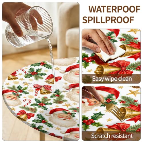 Santa Bells Round Fitted Christmas Tablecloth 65 Inch Waterproof Elastic Edge