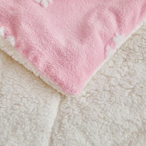 Pink Snowflake Queen Comforter Set Flannel Fleece Sherpa Winter Bedding