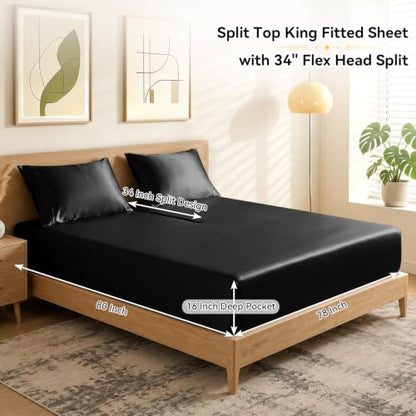 Split Top King Fitted Sheet for Adjustable Beds - Black, Satin, 34 Inch Split