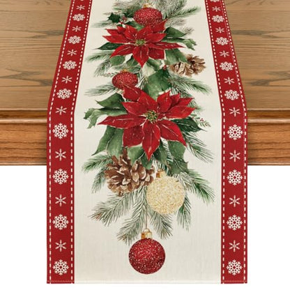 Christmas Table Runner 13x48 Inches Poinsettia Holiday Home Decor - Red