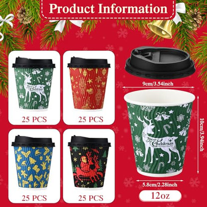 Christmas Coffee Cups with Lids 12 oz Ripple Wall Warm - 100 Pack