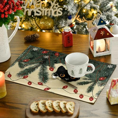 Christmas Cat Placemats Set of 4 12x18 Inch Seasonal Holiday Table Decor