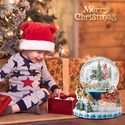 Christmas Snow Globe - Musical Village Lantern with Elk, Santa Sleigh - Santa Sleigh Variation