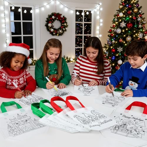 100 Pcs Christmas Coloring Goodie Gift Bags for Kids - Santa, Elf, Elk Designs