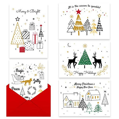 Christmas Greeting Cards Pack of 25 with Gold Foil - Happy Holidays Assorted Designs