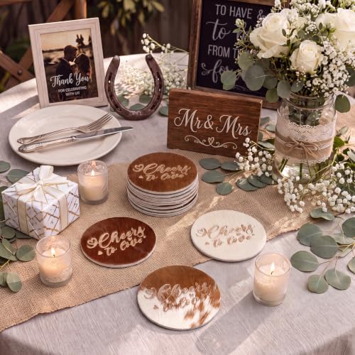 Natural Leather Cowhide Coasters Wedding Favors Set with Organza Bags & Thank You Cards