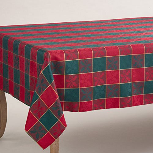 Holiday Plaid Tablecloth 50 x 70 Inches - Red and Green Christmas Décor with Gold Woven Detail