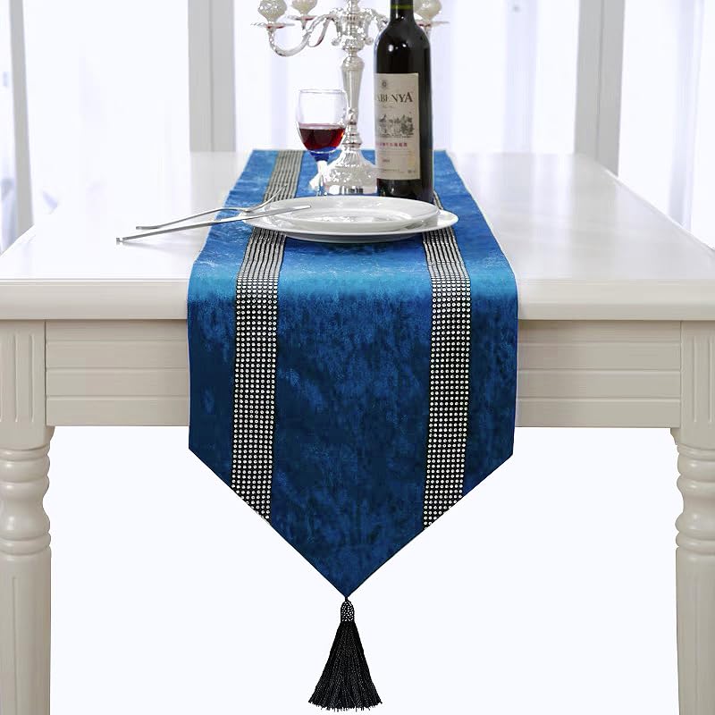 Fancy Blue Table Runner with Silver Sequin Rhinestones, Ombre Velvet 13x84 Inches - Variation Blue+13x84 inches