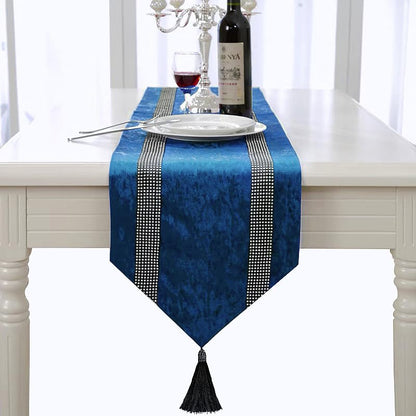 Fancy Blue Table Runner with Silver Sequin Rhinestones, Ombre Velvet 13x84 Inches - Variation Blue+13x84 inches