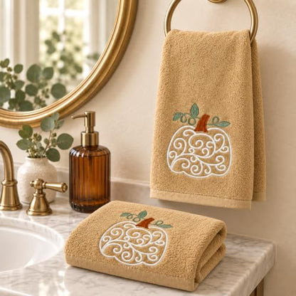 Fall Hand Towels with Scroll Pumpkin Embroidery - Cream, Rust & Green Leaves - 16x25 Inch