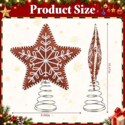Gingerbread Star Christmas Tree Topper - Felt Embroidered Snowflake Design, Brown Felt, Spring Base