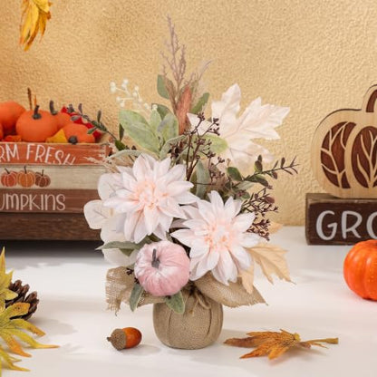 Artificial Fall Thanksgiving Centerpiece with White Dahlia & Pumpkin - Rustic Farmhouse Decor