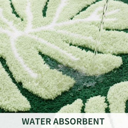 Green Bathroom Rug 16x24 Monstera Leaf Non-Slip Microfiber Bath Mat - Absorbent & Quick Dry