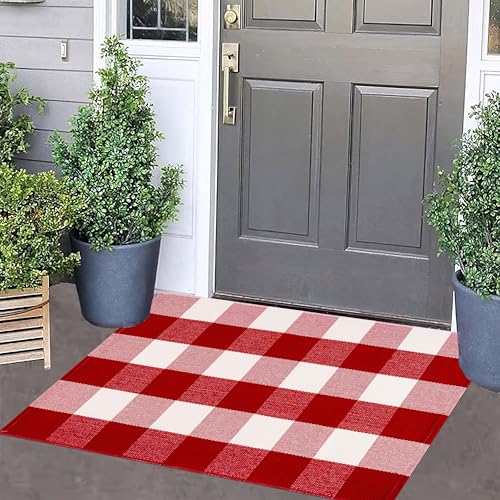 Red Buffalo Plaid Christmas Door Mat Outdoor Rug 24x35 Welcome Entryway Rug