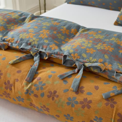 Vintage Cottage Botanical Muslin Bedding Queen Set with Pillowcases - Orange, Yellow, Blue - 3 Pieces