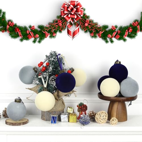 3.15 Inch Velvet Christmas Ornaments Bulk - Beige, Haze Blue & Navy Blue, 24 Pack