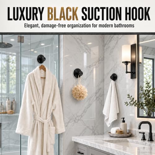 Black Suction Cup Hooks for Shower Bathroom 4-Pack - No Drill, Reusable