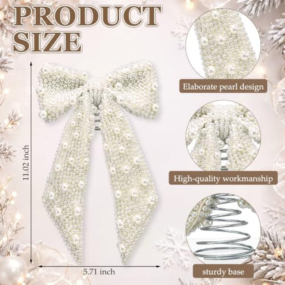 White Pearl Bow Christmas Tree Topper - Elegant Holiday Decor 11x5.7 Inches