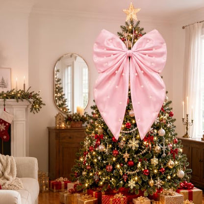 Pink Pearl Bow Christmas Tree Topper - 22 x 12 Inch Satin Holiday Decor