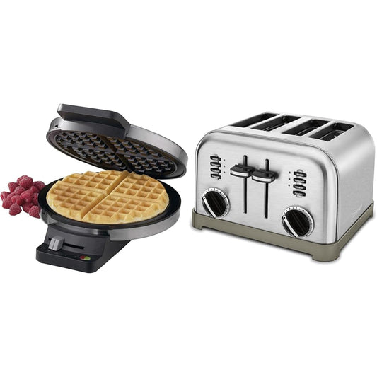 Cuisinart WMR-CAP2 Round Classic Waffle Maker, Brushed Stainless,Silver & 4 Slice Toaster Oven, Brushed Stainless, CPT-180P1