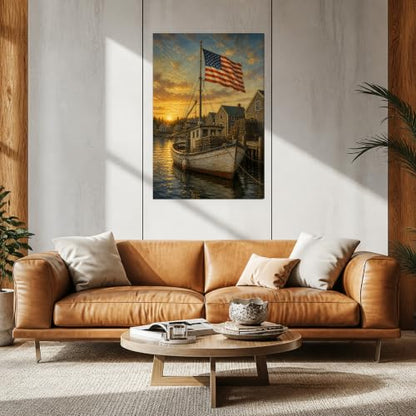 Vintage Patriotic Wall Art - Maine Fishing Boat with American Flag, 16x24 Inches - Wrapped Canvas