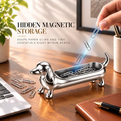 Magnetic Dachshund Desk Caddy - Silver Sculptural Dog Organizer & Decor