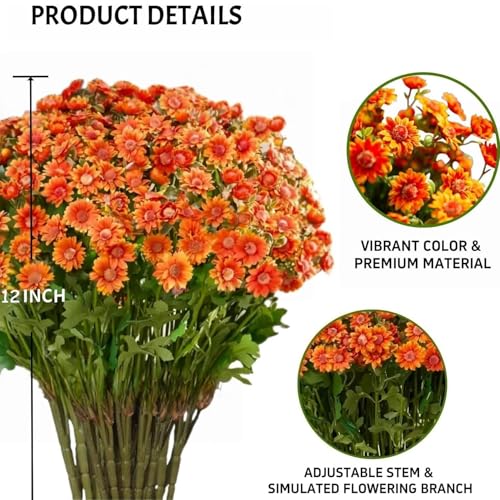 Artificial Fall Mums UV Resistant for Outdoors - Sunset Chrysanthemum (5 Bundles, Gold)