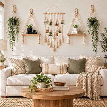 6-Piece Boho Wall Decor Set with Macrame Shelves and Fake Plants