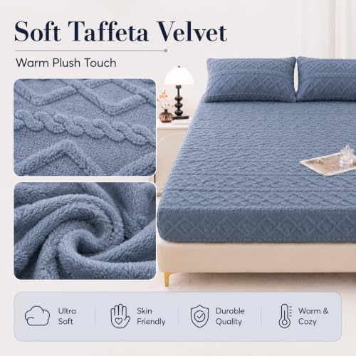 Blue Full Velvet Fitted Sheet & 2 Pillowcases Deep Pocket Up to 15 Inches - Carlmaya