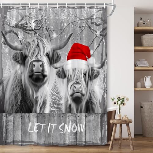 Christmas Highland Cow Shower Curtain 70x70 Inch - Grey Bathroom Decor