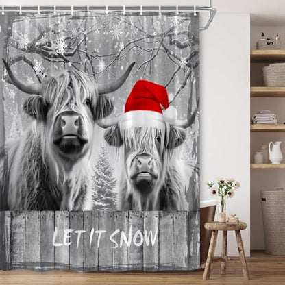 Christmas Highland Cow Shower Curtain 70x70 Inch - Grey Bathroom Decor