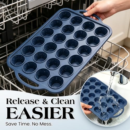 Mini Silicone Muffin Pan 24 Cups with Reinforced Metal Frame Blue - Small Bites