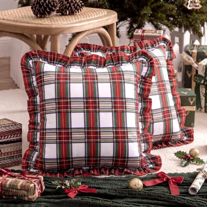Irenare 2-Pack Christmas Plaid Ruffled Pillow Covers 18x18 in - Red & Green Scottish Tartan, Hidden Zipper