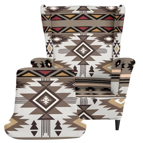Aztec Tribal Pattern Wingback Chair Cover with Elastic Bottom - Secure Fit