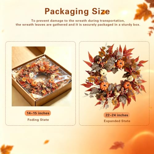 Artificial Fall Wreath for Front Door - Orange-Brown 22-24 Inch Autumn Decor