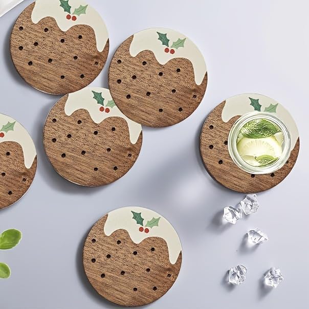 Carved Wooden Coasters by 6Pack - Rustic Pudding Coasters for Home, Office & Cafe Decor