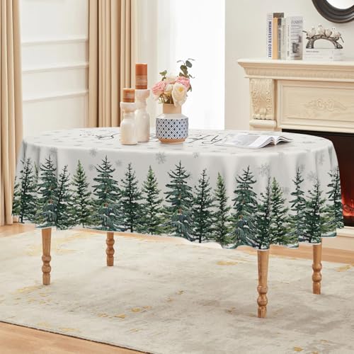 Horaldaily Christmas Tablecloth 60 x 84 Inch Oval Snow Trees White - Holiday Decor