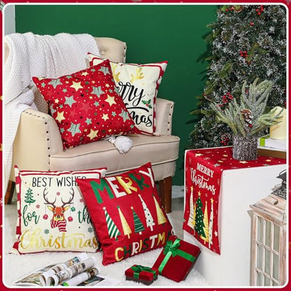 Christmas Table Runner & Pillow Covers Set - Star Pattern, 18x18 Inch, Holiday Decor