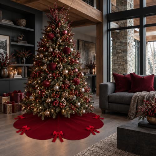 Syhood 30 Inch Burgundy Velvet Christmas Tree Skirt with Scalloped Edge & Bow - Holiday Decor