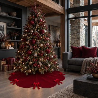 Syhood 30 Inch Burgundy Velvet Christmas Tree Skirt with Scalloped Edge & Bow - Holiday Decor