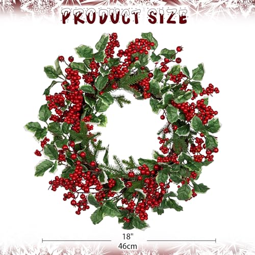 Artificial Christmas Wreath for Front Door, Real Touch Pine with Berry Clusters & Holly - Red & Green, 18 Inches